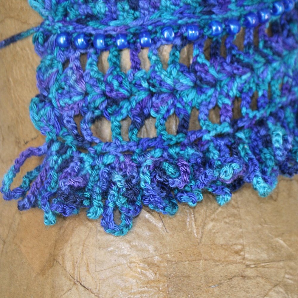 HAND CRAFTED Crop Top Crochet Halter Bikini Beaded Festival Blue Fringe Marled - Picture 3 of 14